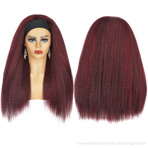 Synthetic wigs Dark red Yaki Kinky Straight Curly Elastic Headband wig Synthetic hair extension For Black Women